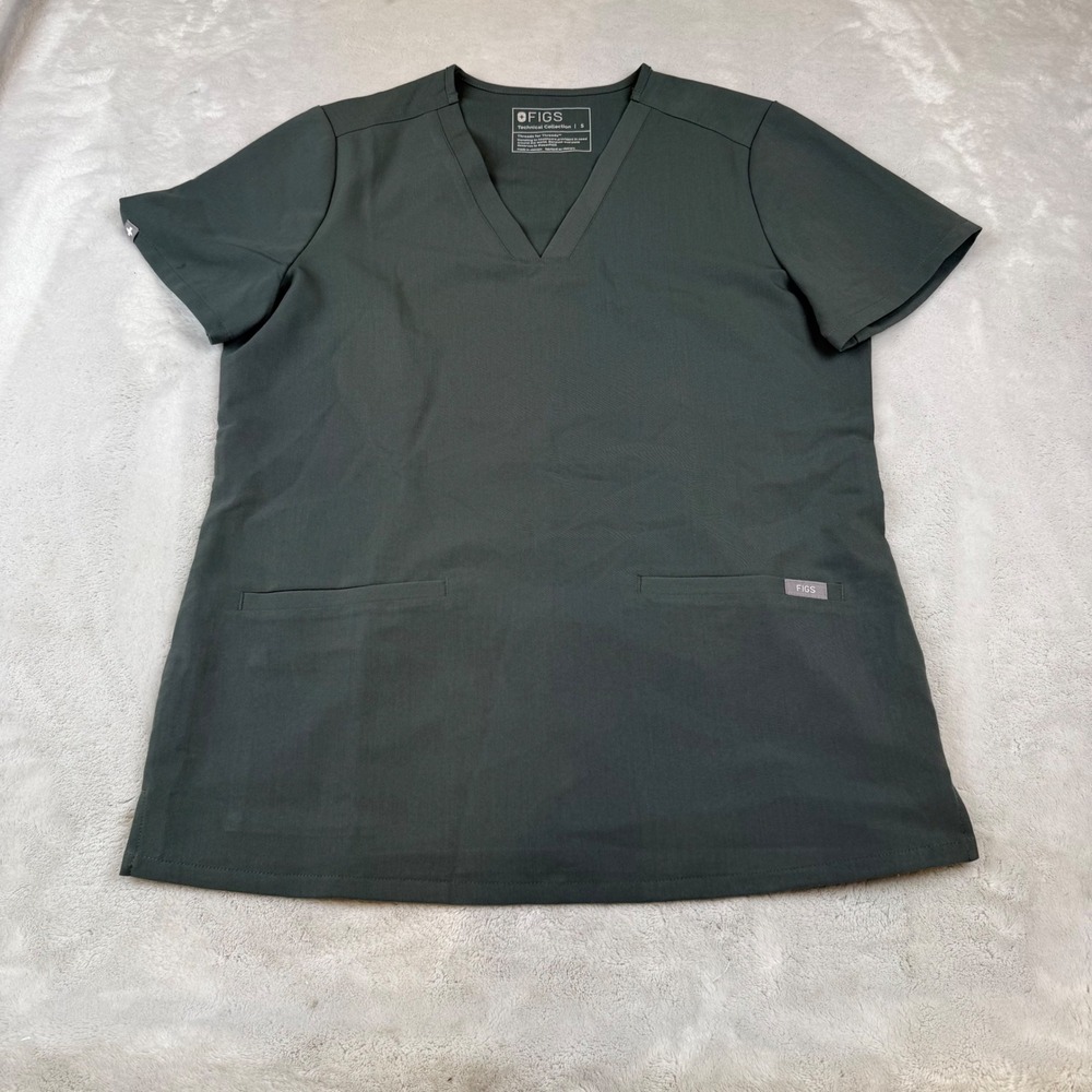 FIGS Technical Collection Scrub Top V-Neck Dark Olive Green Womens Small S